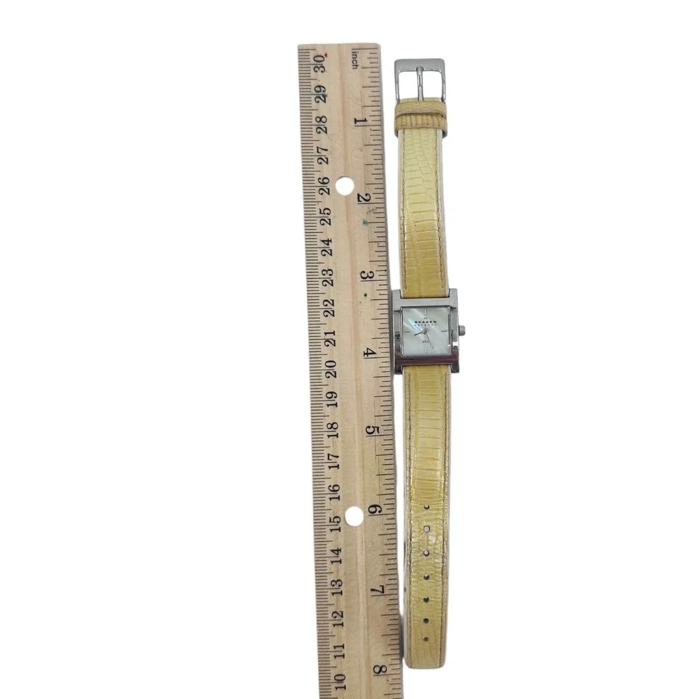 Skagen Denmark Tank Watch Womens Silver Mother of Pearl Yellow Croc Leather
